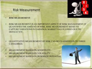 Risk Measurement

•   RISK MEASUREMENT:


•   RISK MEASUREMENT IS AN IMPORTANT ASPECT OF RISK MANAGEMENT. IT
    QUANTIFIES THE AMOUNT OF RISK. RISK MEASUREMENT SEEKS TO
    CAPTURE VARIATIONS IN EARNINGS, MARKET VALUE,LOSSES DUE TO
    DEFAULT ETC.



•   QUANTITATIVE MEASUREMENT OF RISK CAN BE CLASSIFIED IN TO THREE
    CATEGORIES:

•   MEASUREMENT BASED ON SENSITIVITY
•   MEASUREMENT BASED ON VOLATILITY
•   MEASUREMENT BASED ON DOWNSIDE POTENTIAL
 