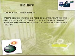 Risk Pricing

•   LOSS PROBABILITY (RISK PREMIUM)

•   CAPITAL CHARGE –CAPITAL SET ASIDE FOR LOANS /ADVANCES AND
    OTHER ASSETS AND INVESTMENTS BASED ON THEIR RISKINESS.
    HIGER THE RISK- HIGHER THE AMOUNT OF CAPITAL THAT SHOULD BE
    SET ASIDE.
 