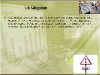 Risk Mitigation

•   ALL ASSETS AND LIABILITIES IN THE BANKING BOOK ARE HELD TILL
    MATURITY AND ACCRUAL SYSTEM OF ACCOUNTING IS FOLLOWED.
    THE BANKING BOOK IS GENERALLY EXPOSED TO LIQUIDITY RISK,
    INTEREST RATE RISK, DEFAULT RISK AND OPERATIONAL RISK
 
