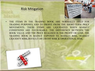 Risk Mitigation


•   THE ITEMS IN THE TRADING BOOK ARE NORMALLY HELD FOR
    TRADING PURPOSES AND TO PROFIT FROM THE SHORT-TERM PRICE
    MOVEMENTS. THESE ITEMS ARE LIQUIDATED WHEN MARKET
    CONDITIONS ARE FAVOURABLE. THE DIFFERENCE BETWEEN THE
    BOOK VALUE AND THE PRICE REALISED IS THE PROFIT OR LOSS. THE
    TRADING BOOK IS MAINLY EXPOSED TO MARKET RISK, MARKET
    LIQUIDITY RISK,DEFAULT OR CREDIT RISK & OPERATIONAL RISK.
 