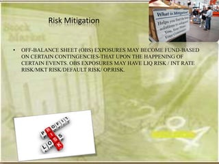 Risk Mitigation


•   OFF-BALANCE SHEET (OBS) EXPOSURES MAY BECOME FUND-BASED
    ON CERTAIN CONTINGENCIES-THAT UPON THE HAPPENING OF
    CERTAIN EVENTS. OBS EXPOSURES MAY HAVE LIQ RISK / INT RATE
    RISK/MKT RISK/DEFAULT RISK/ OP.RISK.
 