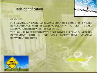 Risk Identification

•   EXAMPLE:
•   FOR EXAMPLE, A BANK HAS GIVEN A LOAN OF 1 CRORE FOR 5 YEARS
    IN ACCORDANCE WITH ITS LENDING POLICY AT 1% OVER THE BASE
    LENDING RATE (BLR) WHICH IS SAY 9% PA.
•   THE LOAN IS TO BE REPAID BY THE BORROWER IN EQUAL QUARTERLY
    INSTALMENT WITH A ONE YEAR MORATORIUM (MEANING
    REPAYMENT HOLIDAY).
 