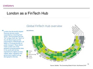 13
London as a FinTech Hub
Source: Deloitte, “The Connecting Global FinTech: Hub Review 2016”
London has the world’s largest
financial services sector,
supported by a booming tech
sector. The ecosystem has the
“Fin” of New York, the “Tech” of
the US West Coast and the
policymakers of Washington, all
within a 15 minute journey on
public transport. These factors
make London one of the
greatest connected global cities
in the world with the key
ingredients for digital success:
capital, talent, regulatory and
government support and
demographic diversity.
“
”
 