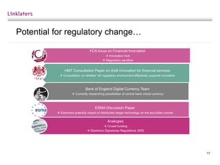 17
Potential for regulatory change…
FCA focus on Financial Innovation
 Innovation Hub
 Regulatory sandbox
HMT Consultation Paper on draft innovation for financial services
 Consultation on whether UK regulatory environment effectively supports innovation
Bank of England Digital Currency Team
 Currently researching possibilities of central bank virtual currency
ESMA Discussion Paper
 Examines potential impact of distributed ledger technology on the securities market
Analogies
 Crowd funding
 Electronic Signatures Regulations 2002
 