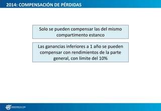 2014: COMPENSACIÓN DE PÉRDIDAS
Las ganancias inferiores a 1 año se pueden
compensar con rendimientos de la parte
general, con límite del 10%
Solo se pueden compensar las del mismo
compartimento estanco
El exceso de pérdidas se puede compensar en
los cuatro ejercicios posteriores
 