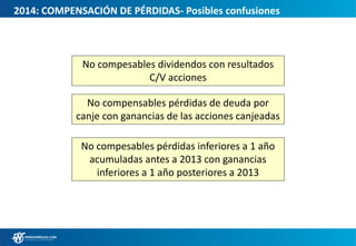 2014: COMPENSACIÓN DE PÉRDIDAS- Posibles confusiones
No compensables pérdidas de deuda por
canje con ganancias de las acciones canjeadas
No compesables dividendos con resultados
C/V acciones
No compesables pérdidas inferiores a 1 año
acumuladas antes a 2013 con ganancias
inferiores a 1 año posteriores a 2013
 