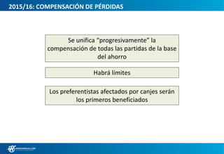 2015/16: COMPENSACIÓN DE PÉRDIDAS
Habrá límites:
2015: 10%
2016: 15%
2017: 20%
A partir de 2018: 25%
Se unifica la compensación de todas las
partidas de la base del ahorro
El exceso de pérdidas se puede compensar en
los cuatro ejercicios posteriores
 