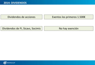 2014: DIVIDENDOS
Dividendos de acciones Exentos los primeros 1.500€
Dividendos de FI, Sicavs, Socimis No hay exención
 