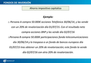 FONDOS DE INVERSIÓN
Ahorro impositivo capitaliza
Ejemplo:
o Persona A compra 50.000€ acciones Telefónica 30/06/14, y las vende
con un 20% de revalorización día 01/07/15. Con el resultado neto
compra acciones BNP y las vende día 02/07/16
oPersona B compra 50.000€ participaciones fondo telecomunicaciones
día 30/06/14 y lo traspasa a un fondo de bancos europeos día
01/07/15 tras obtener un 20% de revalorización; este fondo lo vende
día 02/07/16 con otro 20% de revalorización.
 