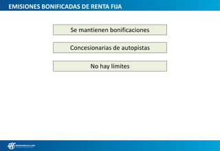 EMISIONES BONIFICADAS DE RENTA FIJA
Se mantienen bonificaciones
Concesionarias de autopistas
No hay límites
 
