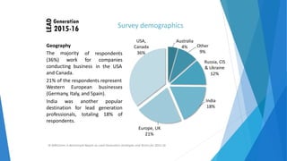 Survey demographics
USA,
Canada
36%
Australia
4%Geography
The majority
Other
9%of
for
respondents
companies
in the USA
(36%) work Russia, CIS
& Ukraine
12%
conducting business
and Canada.
21% of the respondents represent
Western European businesses
(Germany, Italy, and Spain).
India
18%
India was another popular
generationdestination for lead
professionals,
respondents.
totaling 18% of
Europe, UK
21%
© NWComm. A Benchmark Report on Lead Generation Strategies and Tactics for 2015‐16
 
