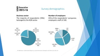 Survey demographics
Business sector
The majority of respondents
belonged to the B2B sector.
Number of employers
45% of the respondents'
employed a staff of 100.
(78%) companies
B2C
(business
to
customer)
20%
B2G
(business to
government)
2%
<10
14%
5000+
10%
500‐5000
16%
10‐99
31%
B2B
(business
to
business)
78%
100‐499
29%
© NWComm. A Benchmark Report on Lead Generation Strategies and Tactics for 2015‐16
 