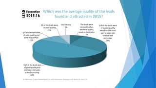 Which was the average quality of the leads
found and attracted in 2015?
The leads were
constantly of an
excellent quality,
ready to start sales.
Don't know.
5%
All of the leads were 3/4 of the leads were
of a good quality,
which for the most
part is taken into
sales or lead
nurturing.
of poor quality.
1%
3/4 of the leads were
of poor quality and
were disqualified.
11%
7%
28%
Half of the leads was
of good quality and
are taken into sales
or lead nurturing.
48%
© NWComm. A Benchmark Report on Lead Generation Strategies and Tactics for 2015‐16
 