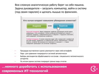 Всю сложную аналитическую работу берет на себя машина.
       Задача руководителя – загрузить компьютер, войти в систему
       (под своим паролем) и щелкать мышью по фамилиям.


              Кто лучше владеет навыками убеждения клиентов?

                           Андреев                  или               Борисов

                  Сильный сотрудник: Верно определяет наиболее подходящий способ подачи
                  информации, стиль изложения с учетом особенностей конкретного клиента <…>
                  Сохраняет выдержку и доброжелательность в общении с «трудными клиентами»,
                  умело разрешает потенциальные конфликты.

                  Слабый сотрудник: Со всеми клиентами ведет себя в привычной и комфортной
                  для себя манере, независимо от особенностей клиента. Невнимателен к позиции
                  клиента, оставляет без внимания его пожелания и сомнения <…> Своим
                  поведением провоцирует или нагнетает конфликты.




           Процедура выставления оценок реализуется через web-интерфейс
           Пары для сравнения генерируются системой автоматически
           Выборы респондентов обрабатываются на основе специального математического
           алгоритма
           По итогам оценки система генерирует разные виды отчетов


…немного доработать с использованием
                                                                                                14
современных ИТ-технологий
 