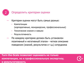 2    Определить критерии оценки

       Критерии оценки могут быть самые разные:
         Компетенции
         (корпоративные, менеджерские, профессиональные)
         Технические знания и навыки
         Результативность
       По каждому критерию должен быть установлен
       позитивный и негативный эталон - четкое описание
       поведения (знаний, результатов и т.д.) сотрудника



Turn-the-Scale позволяет оценивать не только
компетенции, но и профессиональную экспертизу,             20

и результативность
 