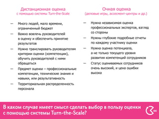 Дистанционная оценка                        Очная оценка
с помощью системы Turn-the-Scale    (деловые игры, ассесмент-центры и др.)


Много людей, мало времени,             Нужна независимая оценка
ограниченный бюджет                    профессиональных экспертов, взгляд
Важно вовлечь руководителей            со стороны
в оценку и обеспечить принятие         Нужны глубокие подробные отчеты
результатов                            по каждому участнику оценки
Нужно транслировать руководителям      Нужна оценка потенциала,
критерии оценки (компетенции),         а не только текущего уровня
обучить руководителей с ними           развития компетенций сотрудников
обращаться                             Статус оцениваемых сотрудников
Предмет оценки – профессиональные      очень высокий, и цена ошибки
компетенции, технические знания и      высока
навыки, или результативность
Территориальная распределенность
персонала




                                                                             44
 