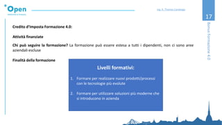 17
Credito d’Imposta Formazione 4.0:
Attività finanziate
Chi può seguire la formazione? La formazione può essere estesa a tutti i dipendenti, non ci sono aree
aziendali escluse
Finalità della formazione
BonusFormazione4.0
Ing. A. Thomas Candeago
Livelli formativi:
1. Formare per realizzare nuovi prodotti/processi
con le tecnologie più evolute
2. Formare per utilizzare soluzioni più moderne che
si introducono in azienda
 