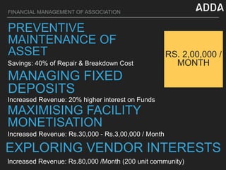 FINANCIAL MANAGEMENT OF ASSOCIATION
PREVENTIVE
MAINTENANCE OF
ASSET
MANAGING FIXED
DEPOSITS
Savings: 40% of Repair & Breakdown Cost
Increased Revenue: 20% higher interest on Funds
EXPLORING VENDOR INTERESTS
Increased Revenue: Rs.30,000 - Rs.3,00,000 / Month
MAXIMISING FACILITY
MONETISATION
Increased Revenue: Rs.80,000 /Month (200 unit community)
RS. 2,00,000 /
MONTH
 