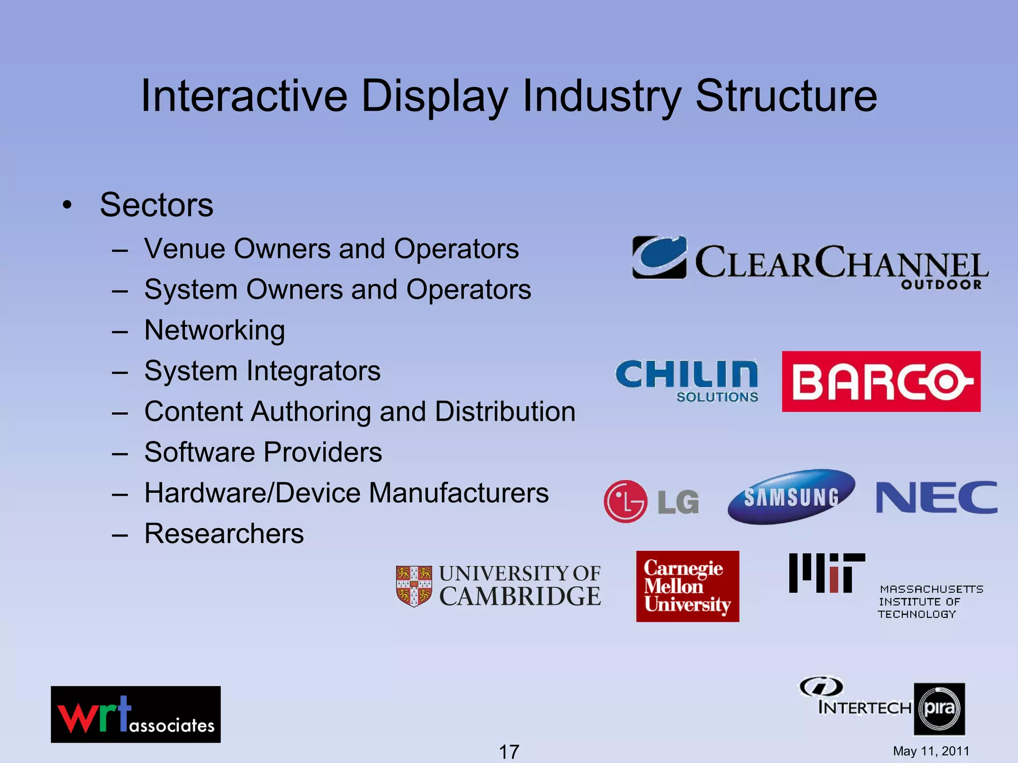 Interactive Display Industry Structure

• Sectors
  –   Venue Owners and Operators
  –   System Owners and Operators
  –   Networking
  –   System Integrators
  –   Content Authoring and Distribution
  –   Software Providers
  –   Hardware/Device Manufacturers
  –   Researchers




                                 17            May 11, 2011
 