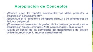Apropiación de Conceptos
• ¿Conoce usted los reportes ambientales que debe presentar la
organización periódicamente?.
• ¿Sabes cual es la fecha limite del reporte del RUA o de generadores de
Residuos peligrosos?
• ¿Conservas la información de gestión de los residuos generados en la
organización (Respel, ordinarios, ACU, Aprovechables, entre otros)?
• ¿Llevas un control de las actividades del departamento de gestión
ambiental, reconoces la importancia del mismo?
 