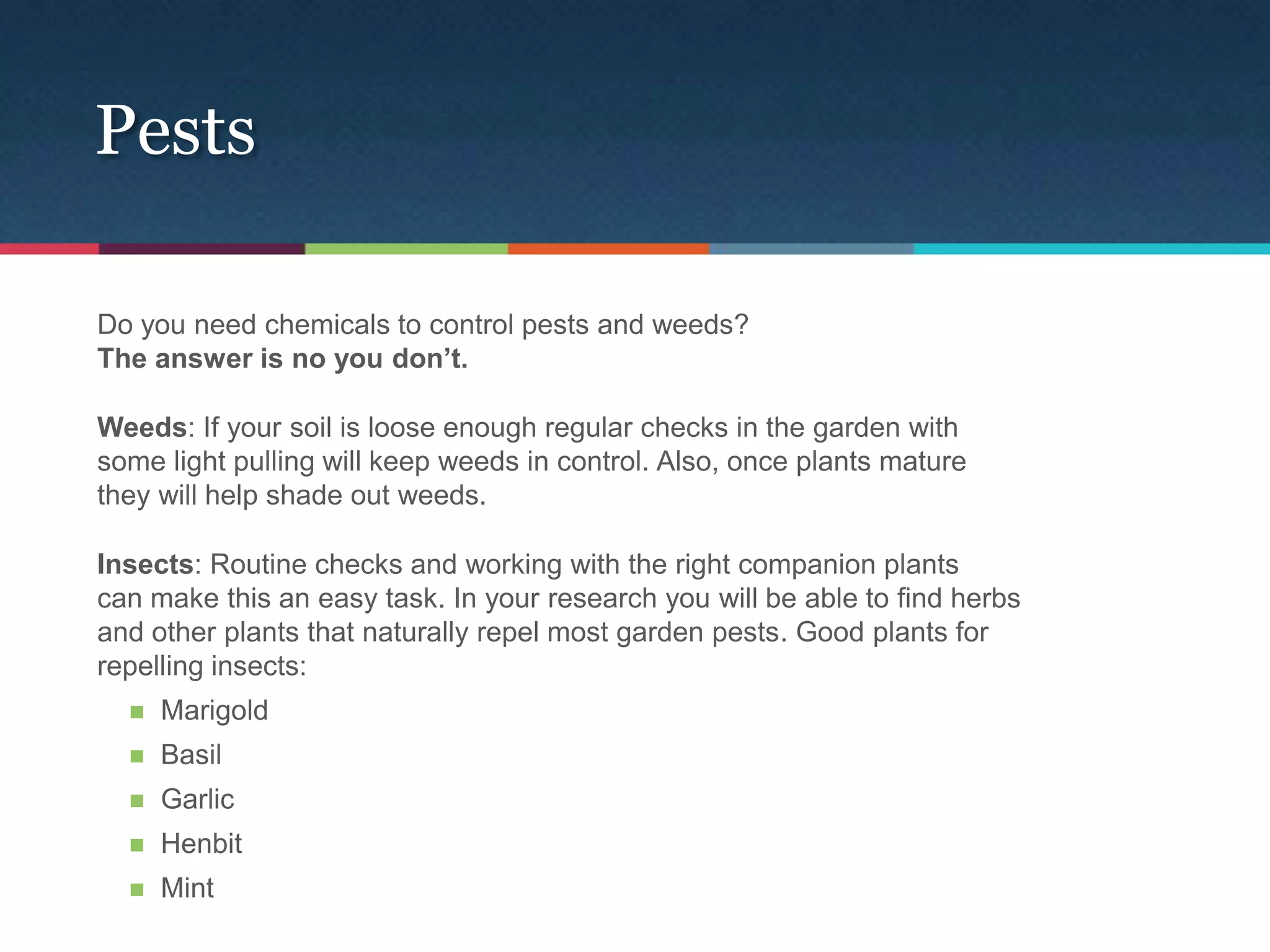 Pests

Do you need chemicals to control pests and weeds?
The answer is no you don’t.

Weeds: If your soil is loose enough regular checks in the garden with
some light pulling will keep weeds in control. Also, once plants mature
they will help shade out weeds.

Insects: Routine checks and working with the right companion plants
can make this an easy task. In your research you will be able to find herbs
and other plants that naturally repel most garden pests. Good plants for
repelling insects:
     Marigold
     Basil
     Garlic
     Henbit
     Mint
 