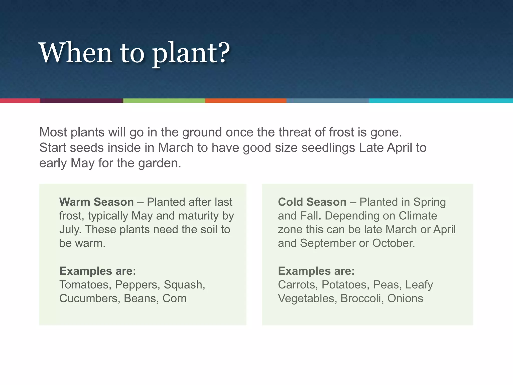 When to plant?

Most plants will go in the ground once the threat of frost is gone.
Start seeds inside in March to have good size seedlings Late April to
early May for the garden.


   Warm Season – Planted after last       Cold Season – Planted in Spring
   frost, typically May and maturity by   and Fall. Depending on Climate
   July. These plants need the soil to    zone this can be late March or April
   be warm.                               and September or October.

   Examples are:                          Examples are:
   Tomatoes, Peppers, Squash,             Carrots, Potatoes, Peas, Leafy
   Cucumbers, Beans, Corn                 Vegetables, Broccoli, Onions
 
