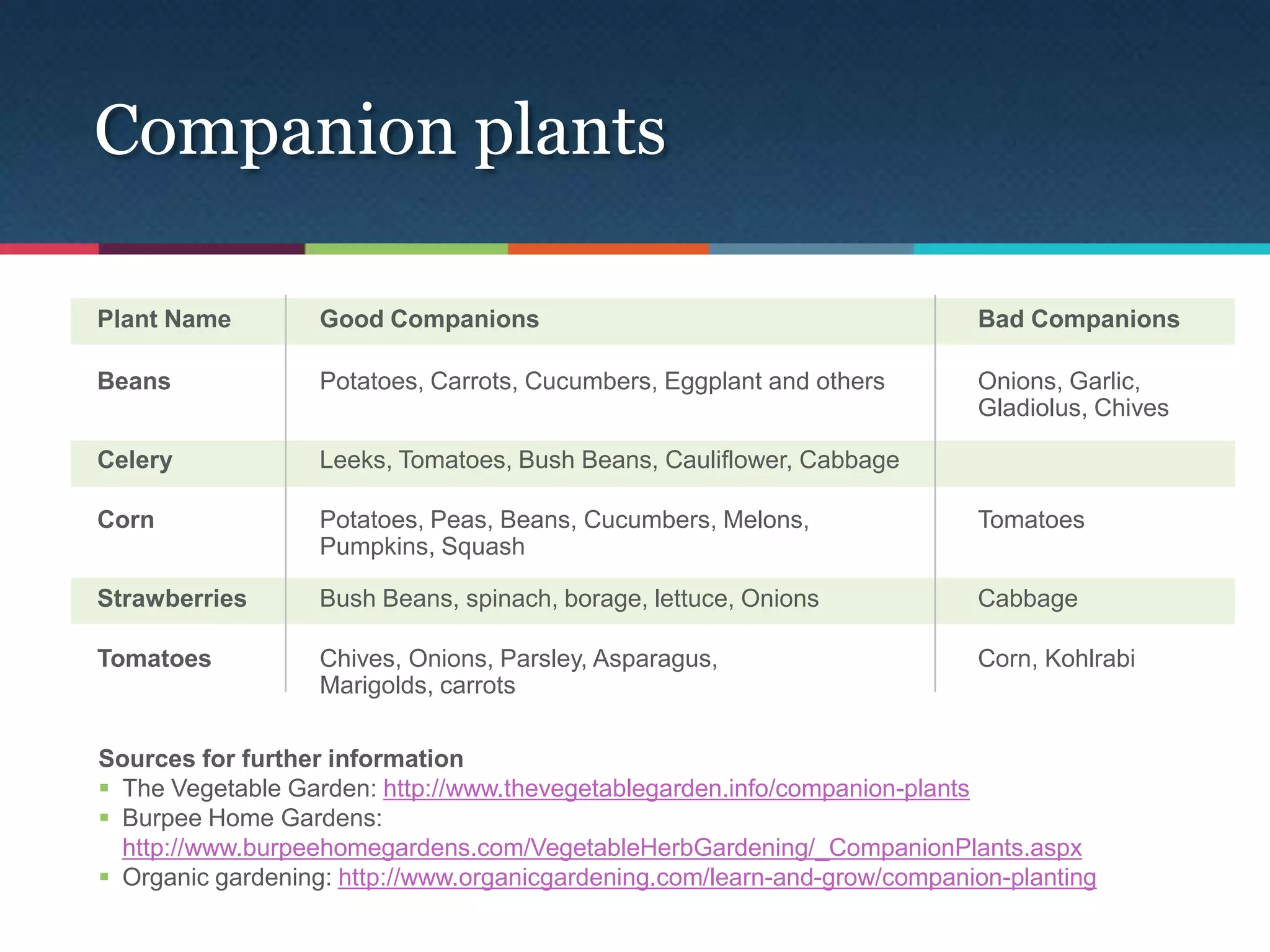 Companion plants

Plant Name         Good Companions                                         Bad Companions

Beans              Potatoes, Carrots, Cucumbers, Eggplant and others       Onions, Garlic,
                                                                           Gladiolus, Chives

Celery             Leeks, Tomatoes, Bush Beans, Cauliflower, Cabbage

Corn               Potatoes, Peas, Beans, Cucumbers, Melons,               Tomatoes
                   Pumpkins, Squash

Strawberries       Bush Beans, spinach, borage, lettuce, Onions            Cabbage

Tomatoes           Chives, Onions, Parsley, Asparagus,                     Corn, Kohlrabi
                   Marigolds, carrots

Sources for further information
 The Vegetable Garden: http://www.thevegetablegarden.info/companion-plants
 Burpee Home Gardens:
  http://www.burpeehomegardens.com/VegetableHerbGardening/_CompanionPlants.aspx
 Organic gardening: http://www.organicgardening.com/learn-and-grow/companion-planting
 