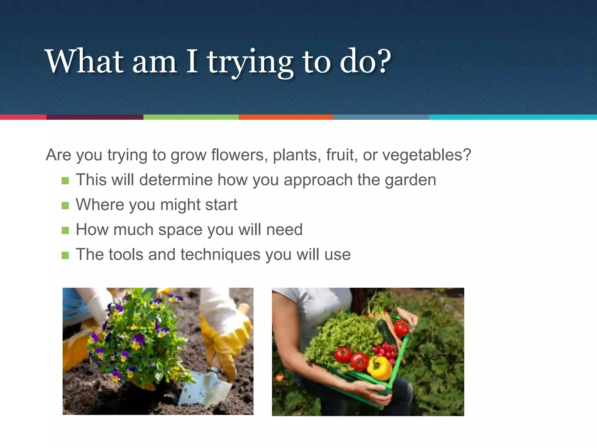 What am I trying to do?

Are you trying to grow flowers, plants, fruit, or vegetables?
   This will determine how you approach the garden

   Where you might start

   How much space you will need

   The tools and techniques you will use
 