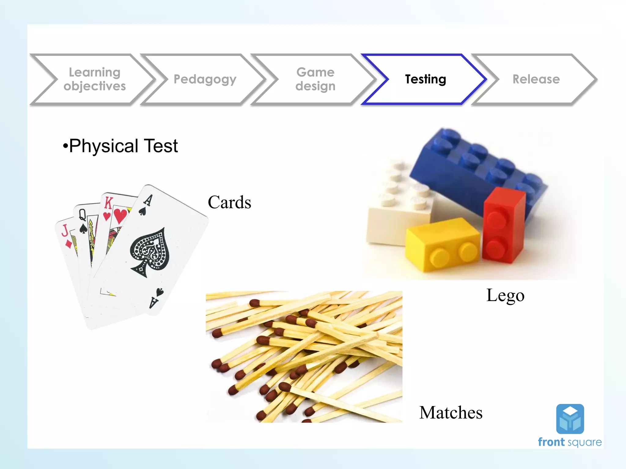 Learning                Game
             Pedagogy             Testing       Release
objectives               design



•Physical Test

                 Cards



                                              Lego




                                    Matches
 