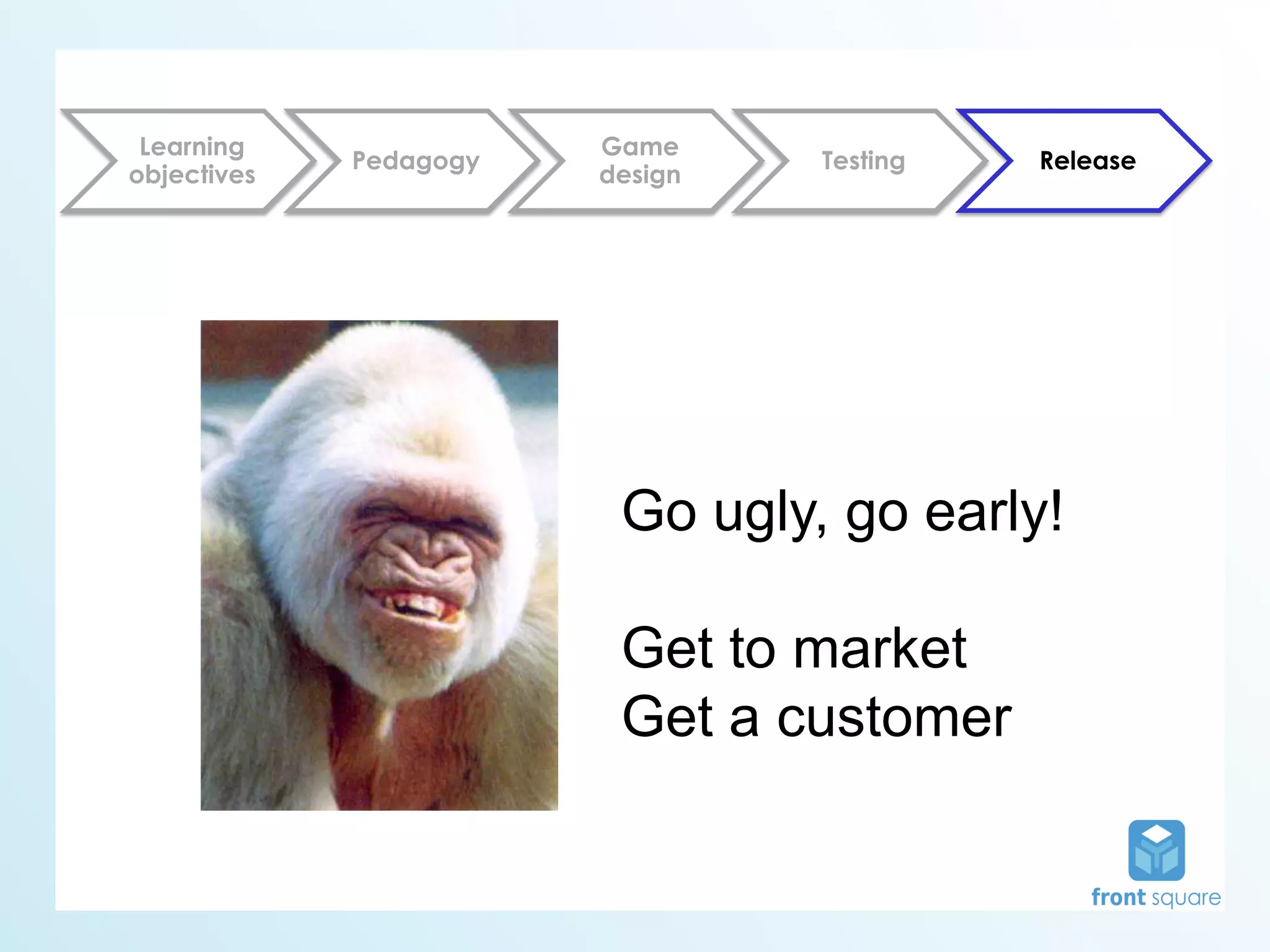 Learning               Game
             Pedagogy            Testing   Release
objectives              design




                         Go ugly, go early!

                         Get to market
                         Get a customer
 