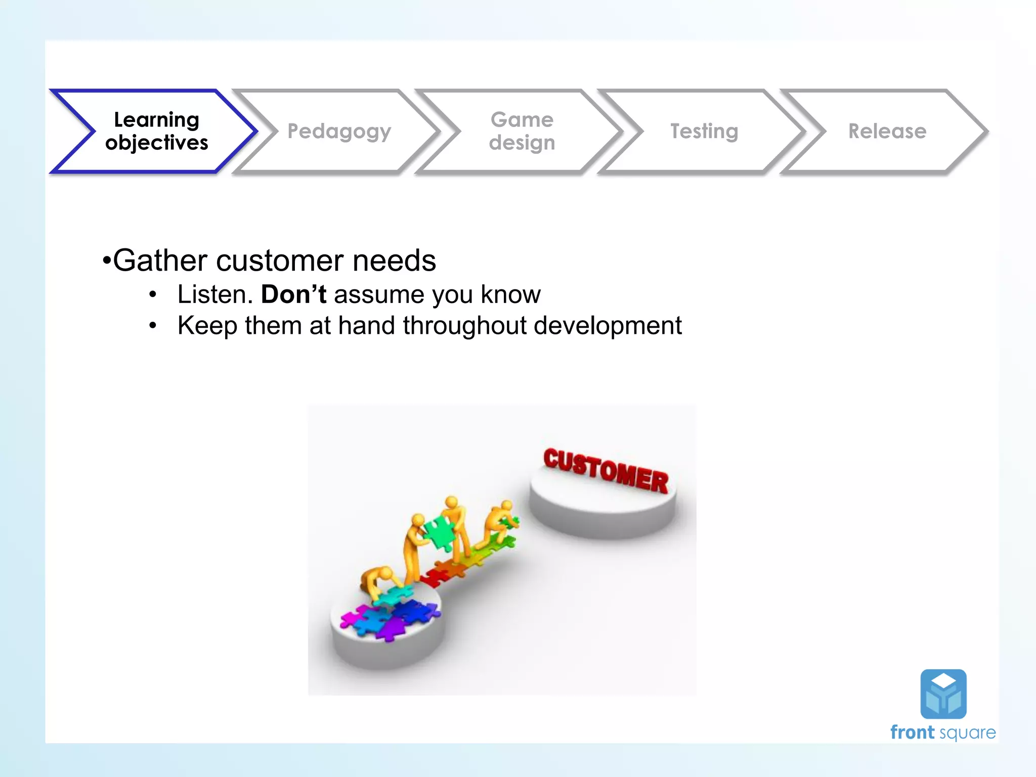 Learning                     Game
              Pedagogy                       Testing   Release
objectives                    design




•Gather customer needs
    • Listen. Don’t assume you know
    • Keep them at hand throughout development
 