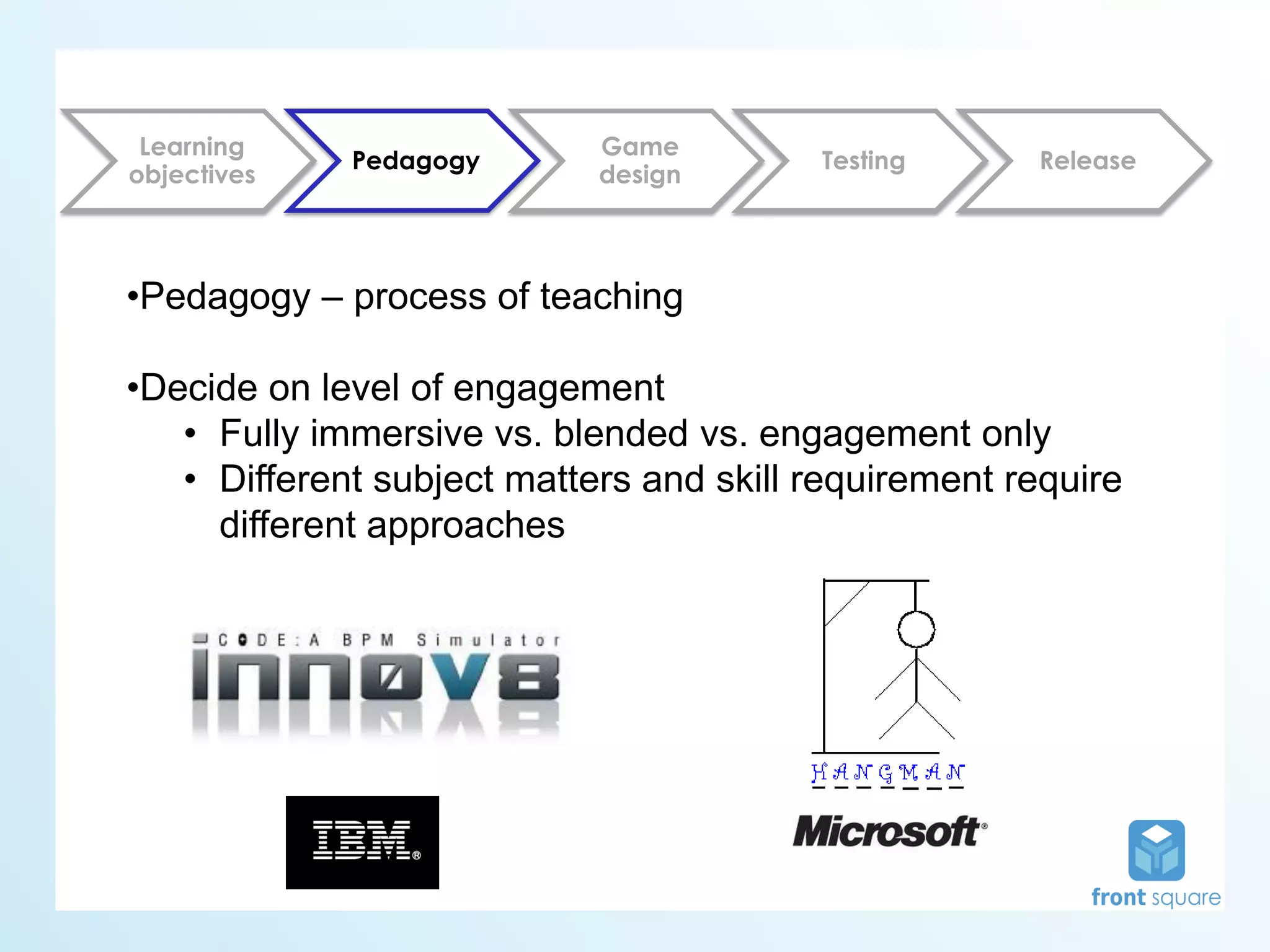 Learning                   Game
             Pedagogy                    Testing      Release
objectives                  design



•Pedagogy – process of teaching

•Decide on level of engagement
   • Fully immersive vs. blended vs. engagement only
   • Different subject matters and skill requirement require
     different approaches
 