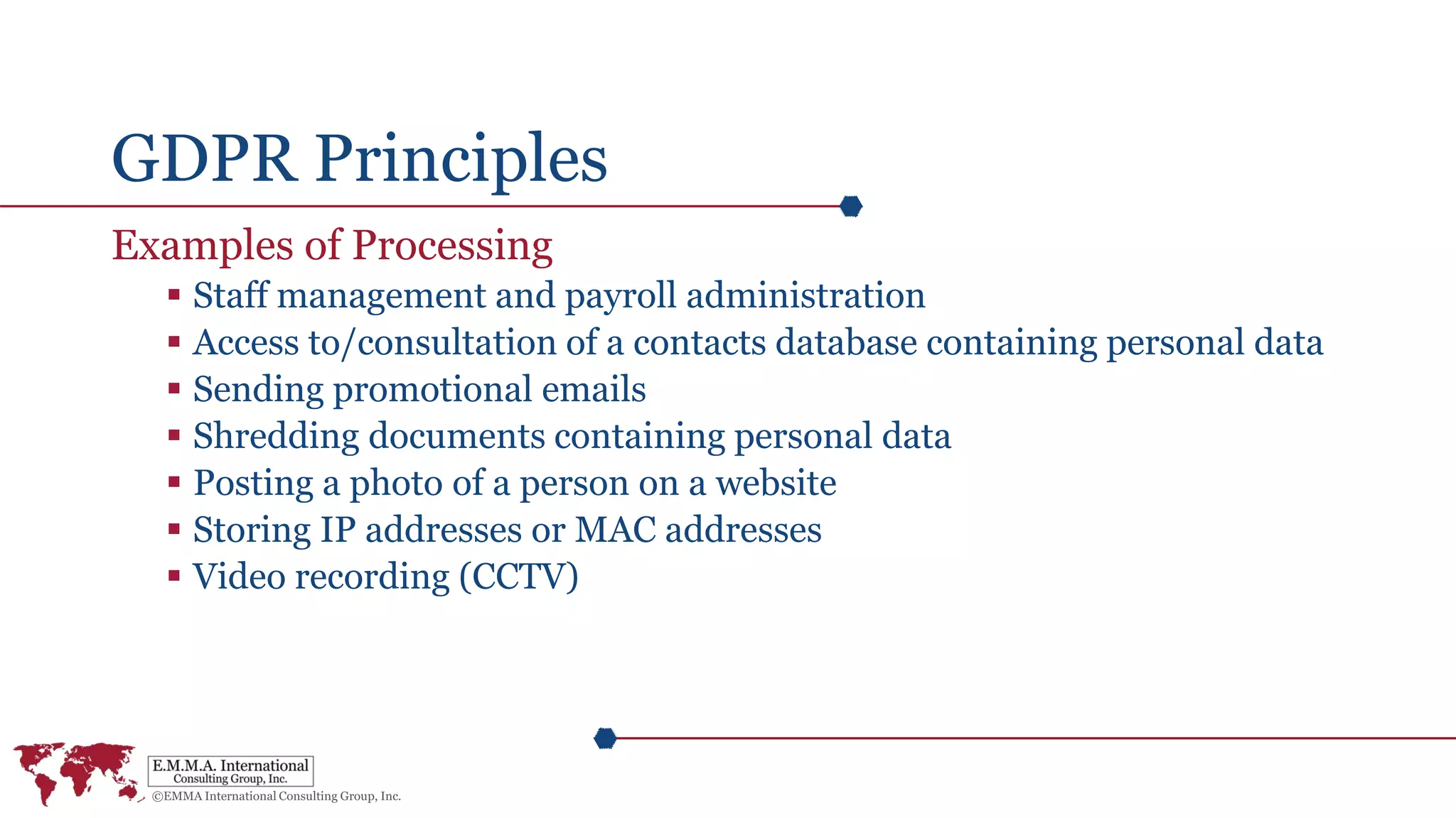 GDPR Principles
Examples of Processing
 Staff management and payroll administration
 Access to/consultation of a contacts database containing personal data
 Sending promotional emails
 Shredding documents containing personal data
 Posting a photo of a person on a website
 Storing IP addresses or MAC addresses
 Video recording (CCTV)
 