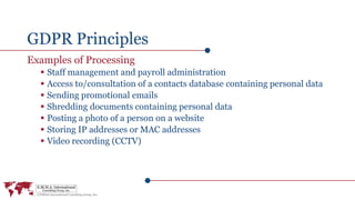 GDPR Principles
Examples of Processing
 Staff management and payroll administration
 Access to/consultation of a contacts database containing personal data
 Sending promotional emails
 Shredding documents containing personal data
 Posting a photo of a person on a website
 Storing IP addresses or MAC addresses
 Video recording (CCTV)
 