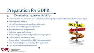 Preparation for GDPR
5. Demonstrating Accountability
 Internal policies and procedures (data protection / retention policy; security and data breach; data subject rights)
 External privacy notice(s)
 Internal compliance measures and external controls
 Maintain records of data processing activities
 Steps when engaging data processors
 Undertake regular staff training
 Review and update policies and procedures on ongoing basis
 Internal audit of processing activities
 Appoint a Data Protection Officer (DPO), where appropriate.
 Data Protection Impact Assessments, where appropriate
 Data protection by design and by default
 