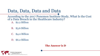 Data, Data, Data and Data
According to the 2017 Ponemon Institute Study, What Is the Cost
of a Data Breach in the Healthcare Industry?
A. $2.2 Billion
B. $3.6 Billion
C. $4.0 Billion
D. $6.2 Billion
The Answer is D
 