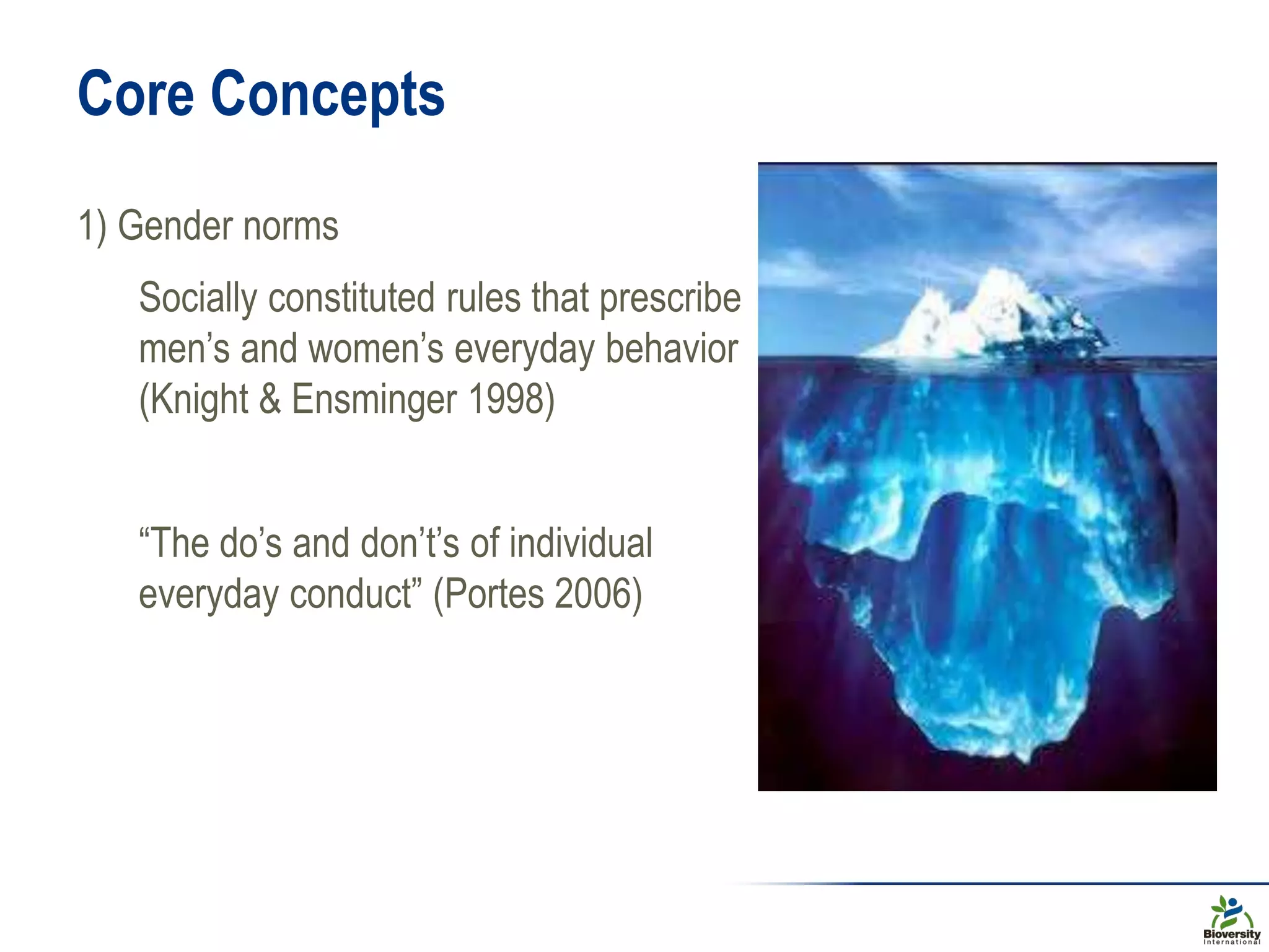 Core Concepts
1) Gender norms
Socially constituted rules that prescribe
men’s and women’s everyday behavior
(Knight & Ensminger 1998)
“The do’s and don’t’s of individual
everyday conduct” (Portes 2006)
 