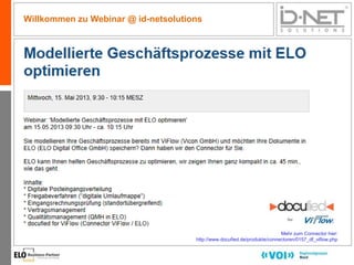 1
Willkommen zu Webinar @ id-netsolutions
Mehr zum Connector hier:
http://www.docufied.de/produkte/connectoren/0157_df_viflow.php
 