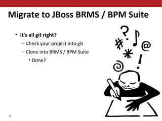 Migrate to JBoss BRMS / BPM Suite
• It's all git right?
– Check your project into git
– Clone into BRMS / BPM Suite
• Done?

5

 