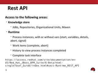 Rest API
Access to the following areas:


Knowledge store




Jobs, Repositories, Organizational Units, Maven

Runtime
Process instances, with or without vars (start, variables, details,
abort, signal)




Work items (complete, abort)



History to view process instances completed



Complete task interface

https://access.redhat.com/site/documentation/enUS/Red_Hat_JBoss_BPM_Suite/6-Beta/htmlsingle/User_Guide/index.html#sect-Runtime_REST_API
9

 