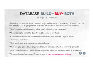 If building out the database causes a major delay and you’ve already taken on costs to
run a team it’s a major problem – Is time an issue – is cost clock already running
What’s the competition doing while you’re building out database
Who is going to keep the data fresh ( honesty is key here )
Is a directionally accurate database better than no database ( hybrid model )
- ideal company, ideal referrer
What aren’t you able to do without good data
What are you going to do anyways that will be wasted $,time, energy & emotion
What’s the emotional / motivational impact of bad data on inside sales & marketing
With good data do we need fewer people + can we do cooler things
database build Ÿ BuyŸ Both
Things to Consider
 