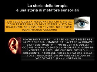 “ C H I V E D E Q U E S T A P E R S O N A ? D A C H I È V I S T A ? ”
O G N I E S S E R E U M A N O D E V E E S S E R E V I S T O D A
Q U A L C U N O : S E N E S S U N O T I V E D E , N O N E S I S T I .
( G I A N F R A N C O C E C C H I N )
P O C H I D E C E N N I F A , I N B A S E A L L ’ I N T E R E S S E P E R
L A P S I C O L O G I A U M A N I S T I C A , L A P A R O L A C H I A V E
E R A “ S E N T I M E N T I ” . I P I Ù R E C E N T I M O D E L L I
C O G N I T I V I H A N N O D A T O L A P R I O R I T À A I M O D I D I
“ V E D E R E ” , E P R E S U M O C H E N E L F U T U R O I L
C R E S C E N T E I N T E R E S S E P E R L E M E T A F O R E D E L L A
“ V O C E ” I N D I C H E R À U N D I F F E R E N T E M O D O D I
“ A S C O L T A R E ” . ( L Y N N H O F F M A N )
La storia della terapia
è una storia di metafore sensoriali
 