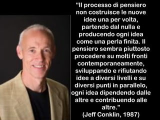 “Il processo di pensiero
non costruisce le nuove
idee una per volta,
partendo dal nulla e
producendo ogni idea
come una perla finita. Il
pensiero sembra piuttosto
procedere su molti fronti
contemporaneamente,
sviluppando e rifiutando
idee a diversi livelli e su
diversi punti in parallelo,
ogni idea dipendendo dalle
altre e contribuendo alle
altre.”
(Jeff Conklin, 1987)
 