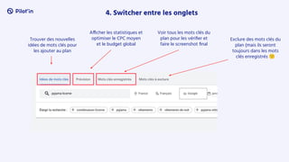 4. Switcher entre les onglets
Trouver des nouvelles
idées de mots clés pour
les ajouter au plan
Afficher les statistiques et
optimiser le CPC moyen
et le budget global
Voir tous les mots clés du
plan pour les vériﬁer et
faire le screenshot ﬁnal
Exclure des mots clés du
plan (mais ils seront
toujours dans les mots
clés enregistrés 😕
 