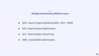 Stratégie webmarketing, différents canaux
● SEM : Search Engine Marketing (SEO + SEA + SMO)
● SEO : Search Engine Optimisation
● SEA : Search Engine Advertising
● SMO : Social Media Optimisation
 
