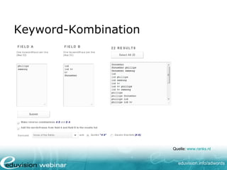 www. eduvision.de/course/adwords
Keyword-Optionen
• Breiter Suchbegriff: Suchbegriff
• Wortgruppe: “Suchbegriff “
• Exakter Suchbegriff: [Suchbegriff]
• Ausschließender Suchbedriff : Suchbegriff
 