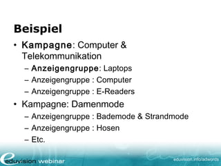 www. eduvision.de/course/adwords
Anzeigenaufbau
• Überschrift
• Angezeigte URL
• (Ziel-URL)
• 1. Textzeile
• 2. Textzeile
 