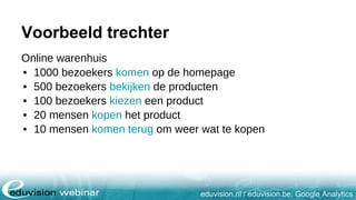 eduvision.nl / eduvision.be: Google Analytics
Voorbeeld trechter
Online warenhuis
• 1000 bezoekers komen op de homepage
• 500 bezoekers bekijken de producten
• 100 bezoekers kiezen een product
• 20 mensen kopen het product
• 10 mensen komen terug om weer wat te kopen
 