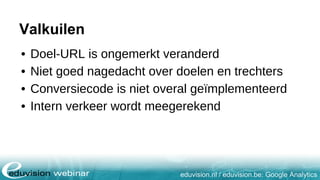 eduvision.nl / eduvision.be: Google Analytics
Valkuilen
• Doel-URL is ongemerkt veranderd
• Niet goed nagedacht over doelen en trechters
• Conversiecode is niet overal geïmplementeerd
• Intern verkeer wordt meegerekend
 