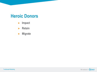 True Sense
TrueSense® Marketing We believe in
True Sense
TrueSense® Marketing
Impact
Retain
Migrate
Heroic Donors
 